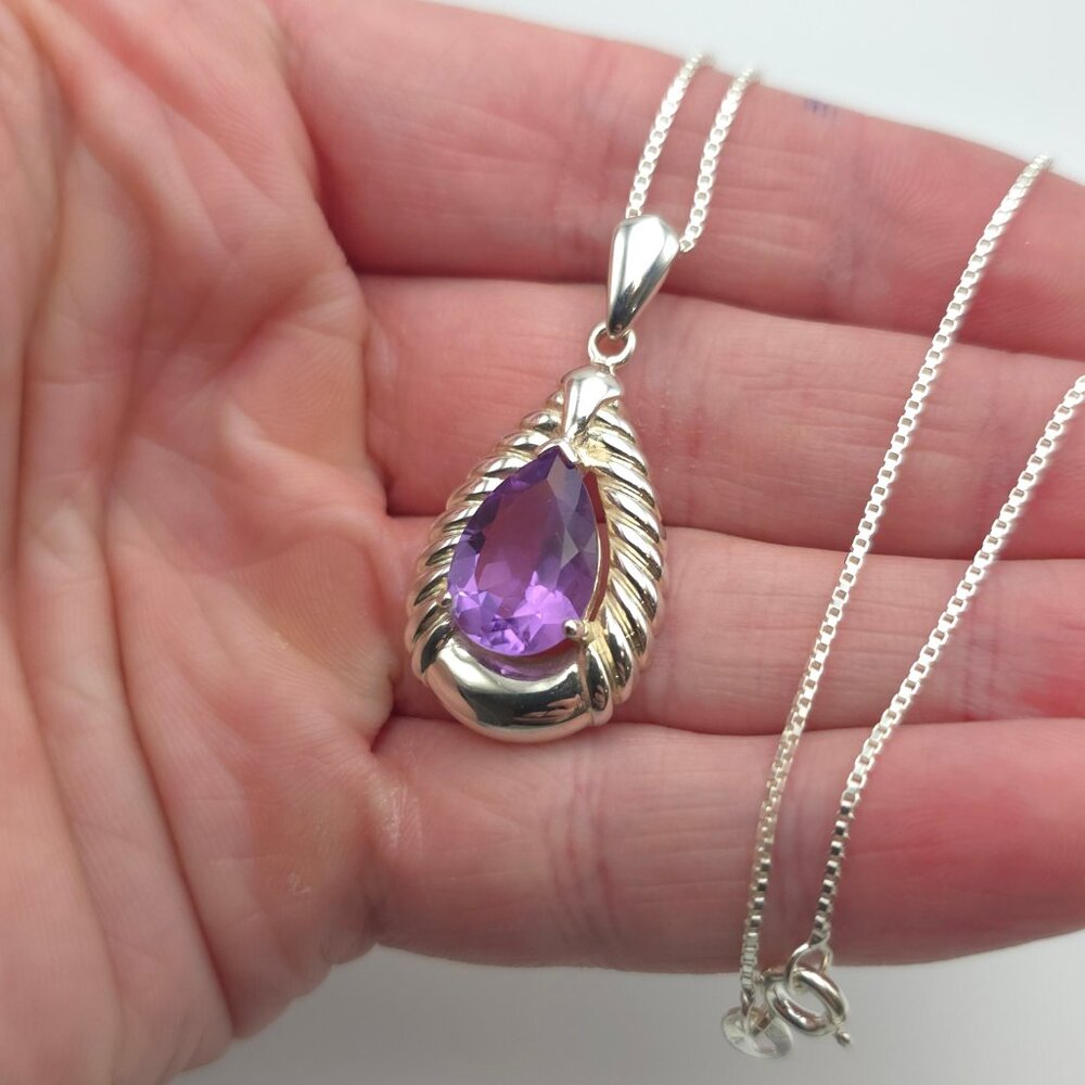 24 Inch 925 Sterling Silver Large Pear Amethyst Gem Pendant Necklace - Picture 4 of 8